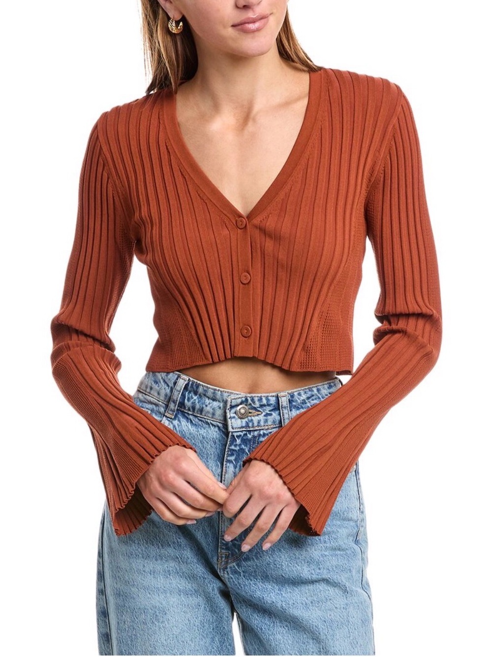 ba&sh Rust Cropped Ribbed V-Neck Cardigan - Picture 7 of 7